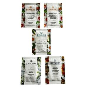 5 PEVONIA PACKETS: 4 VARIETIES: Relief Gel/Sunscreens/Body creme/Tinted Creme